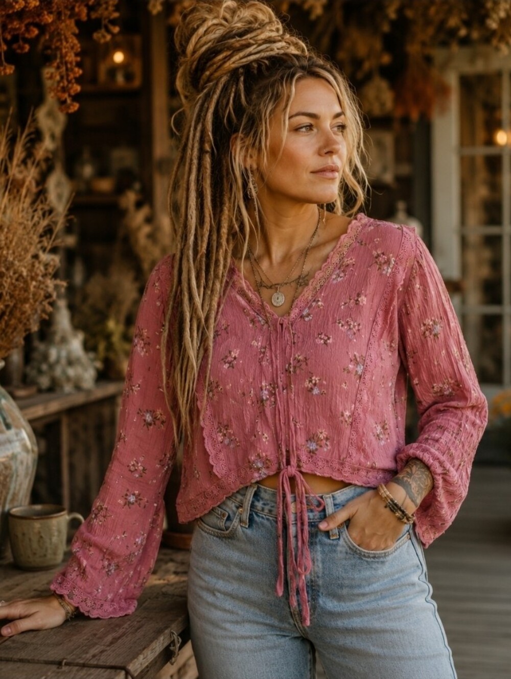 4/$15 Selfie XL Pink Floral Prairie Boho Lace Trim Tie Waist Blouse